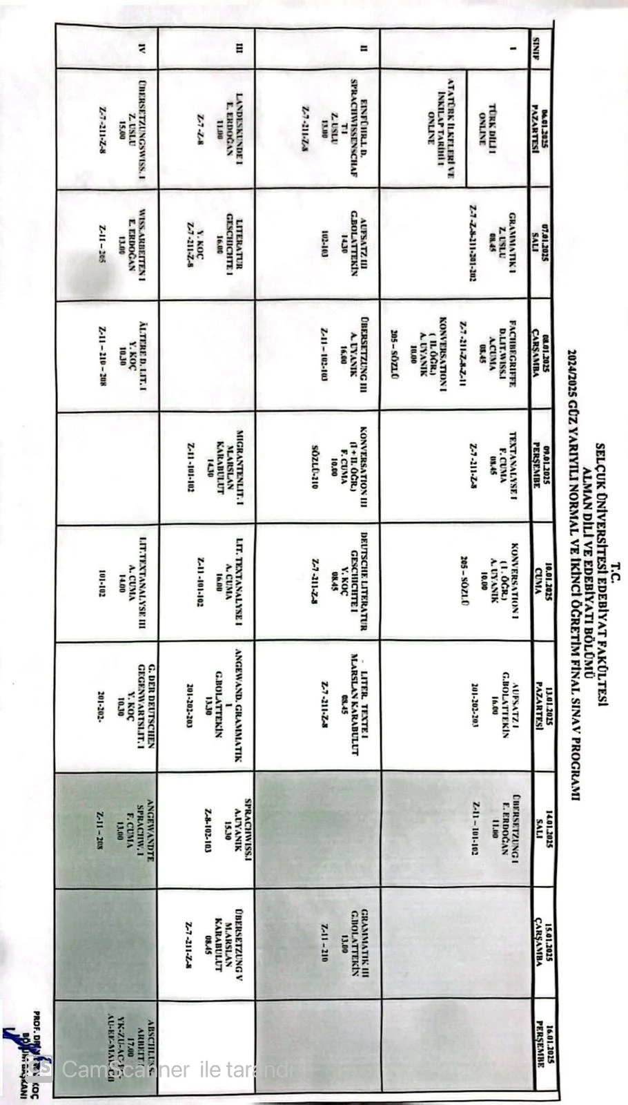 GÜZ DÖNEMİ FİNAL SINAV PROGRAMI